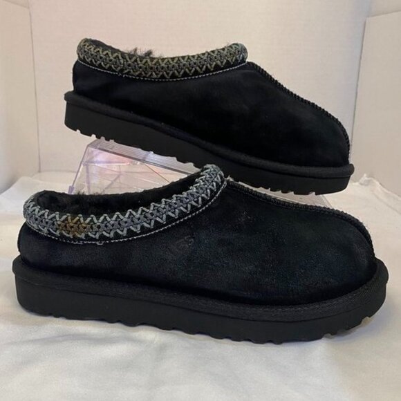 UGG Tasman Suede Shearling Lined Slip-On Slippers Black Cozy Braid Trim Women 7 - Picture 1 of 14